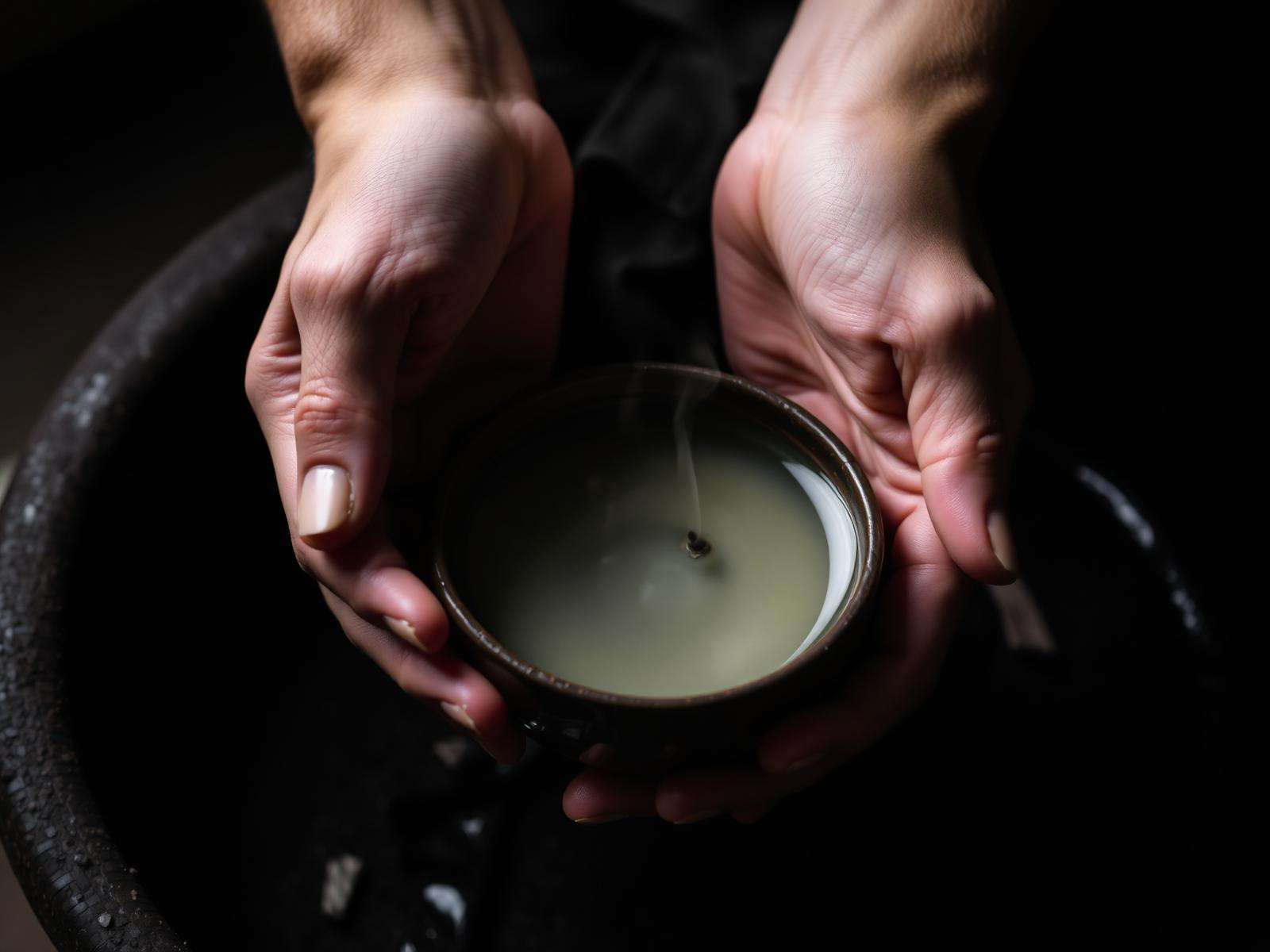Hands cradling ceramic bowl in warm light